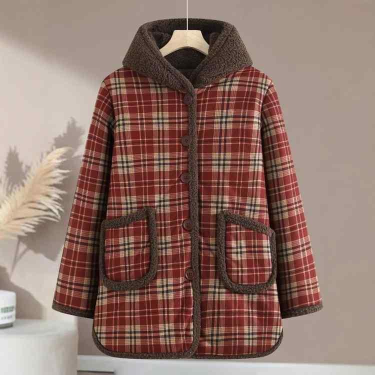 コート レディース 中綿入り ミドル丈 ママ服 秋冬 チェック柄 ゆったり 厚手 あったか 暖かい カジュアル かわいい レッド系 ブラウン系 ブラック系 大きいサイズ