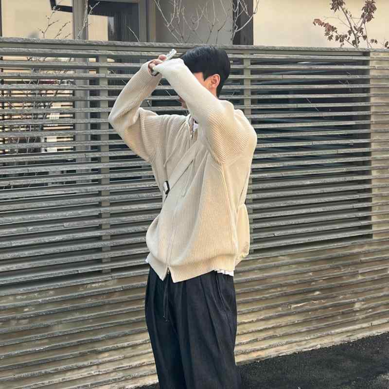 ニット メンズ カーディガン 長袖 パーカー ダブルジップ 杏色 黒色 灰色 秋冬 ゆったり 洗濯機洗い可能