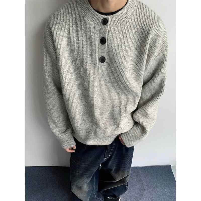 ニット メンズ ヘンリーネック セーター プルオーバー 秋冬 暖かい ゆったり 厚手 レトロ風 韓国風 ポリエステル 灰色
