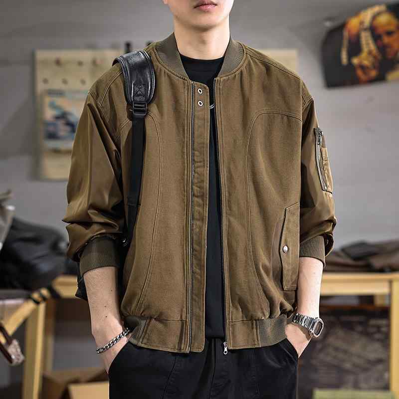 ジャケット 男性用 ブルゾン 水洗い加工 野球襟 コットン 刺・墸 サイドポケット ルーズ 韓国風 カーキ色 ダークグレー 長袖
