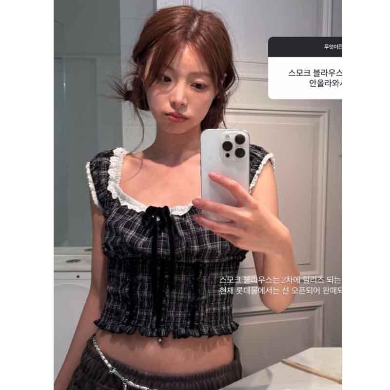 タンクトップ レディース ノースリーブ トップス 韓国風 コットン チェック柄 スリムフィット ショート丈 黒格子