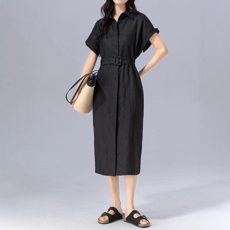 ワンピース レディース 半袖 亜麻 リネン シャツワンピース ロング丈 膝下丈 POLO襟 無地 ゆったり ウエスト 黒 ブラック 緑 グリーン 春夏