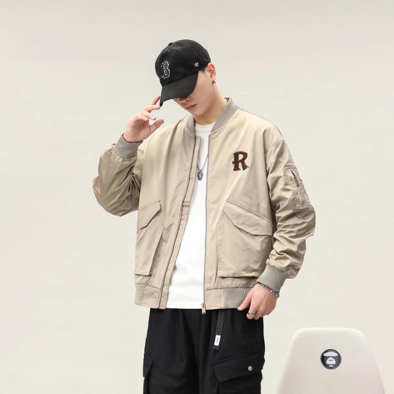 ジャケット メンズ 男性用 スタジャン カジュアル ブルゾン ゆったり カーキ色 秋 アウター 配色 切り替え 立襟 長袖 普段使い 運動着