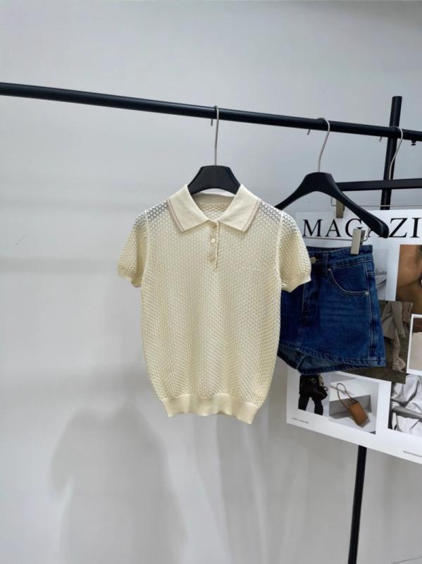 レディース ニット トップス ポロシャツ 学院風 刺繍 アルファベット 切り替え デザイン 接触冷感 素材 超薄手 軽量 伸縮性 吸湿速乾 三分袖 短丈 超短丈 ルーズフィット ビッグシルエット クリーム系 ピンク系 アイボリー 春夏 秋 通勤用 普段使