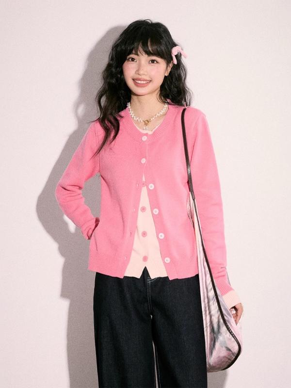 レディース ニット カーディガン フェイクツーピース 修身 春季 ピンク かわいい 少女風 中厚 丸首 免燻 軽量 柔らか 吸湿速乾 普段使い トップス 春夏 通勤 デート