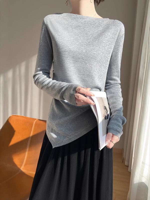 ニット トップス 女性用 早春 接触冷感 羊毛混紡 細身シルエット 一字領 長袖 薄手 修身 グラデーション グレー ブラック 伸縮性 吸湿速乾 私服 セクシー セットアップ インナー ライトウェイト ソフトタッチ 春用