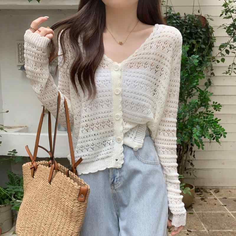 カーディガン 女性用 春夏 薄手 ニット ショート丈 Vネック 切り替え レース アップ 長袖 粘膠繊維 修身シルエット ボタン ホワイト グリーン ブルー ピンク アプリコット ブラック かわいい 爽やか 日韓スタイル 普段使い 軽量 吸湿速乾 通勤 (x10)｜トミーショップ 店