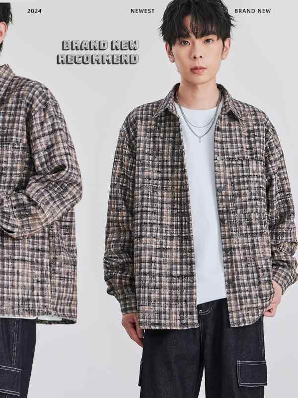 シャツ メンズ 男性用 長袖 ネルシャツ 配色 ポリエステル 普段使い 韓国風 カジュアル 秋