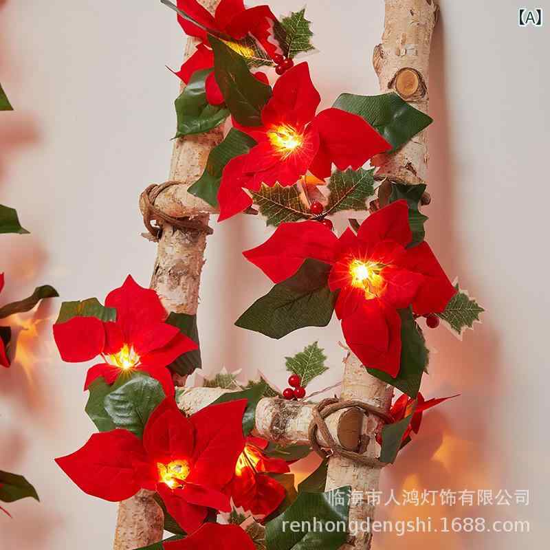 クリスマス イルミネーション ライト ガーランド 電飾 クリスマスツリー 飾り 緑葉 赤花 LED 電池式 室内 パーティー イベント