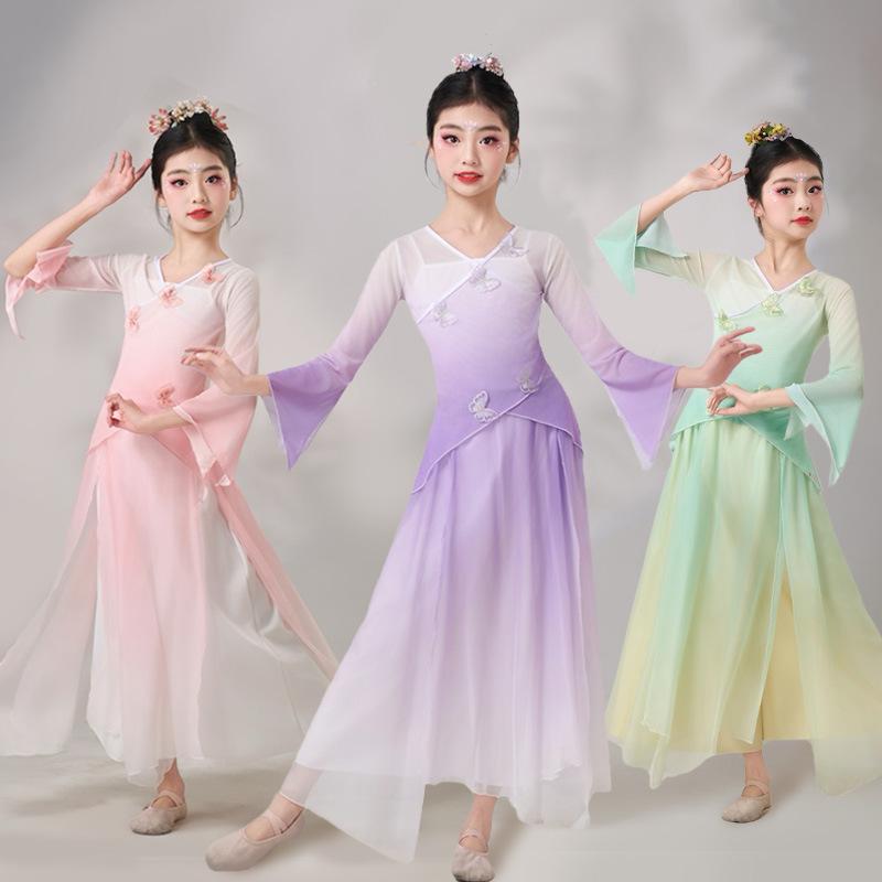 子供 バレエ レオタード チャイナドレス チュール スカート 中国風 民族ダンス 練習着 扇子 紗 上下セット ポリエステル