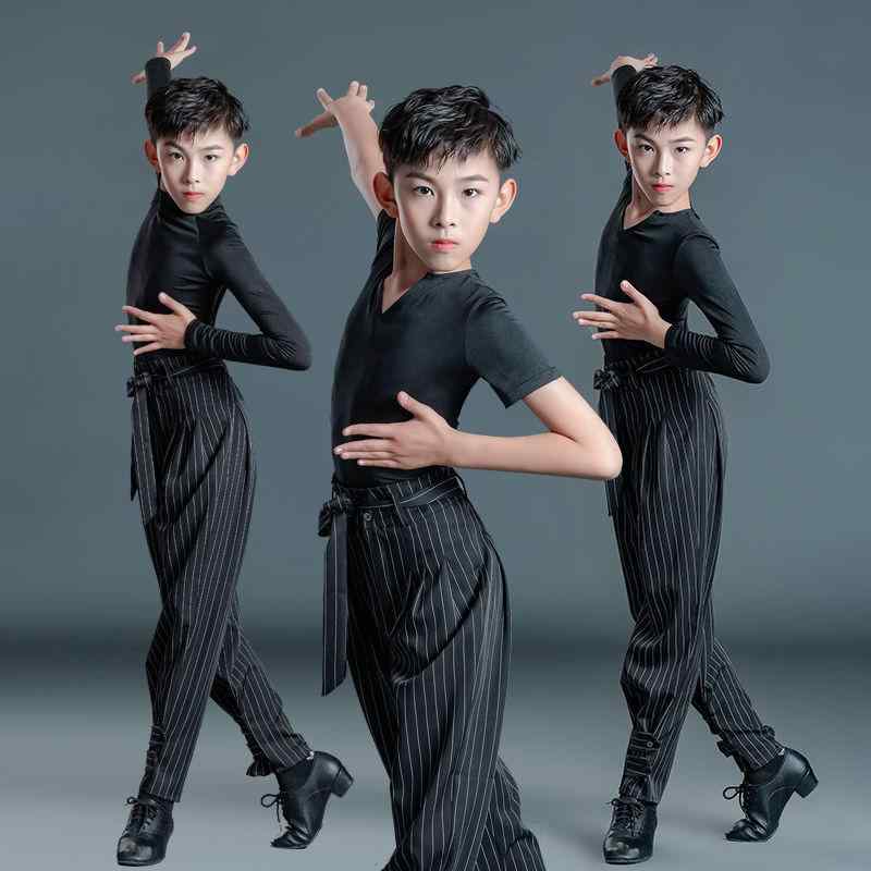 キッズ ダンス衣装 男の子 ラテンダンス 練習着 黒 パンツ 半袖 長袖 高襟 冬 暖かい 起毛 110 120 130 140 150 160 170 180