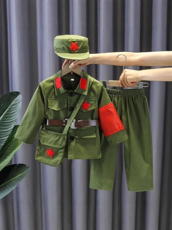 子供用ダンス衣装 男の子 女の子 秋 八路軍 コスチューム 2点セット ハロウィン 仮装 長袖 長ズボン 帽子付き 緑色 青色