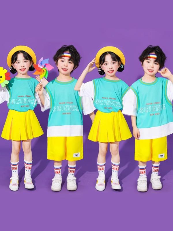 子供用ダンス衣装 ・灸・灸? チアガール 衣装 セットアップ 運動会 幼稚園 小学生 薄荷ブルー ポリエステル