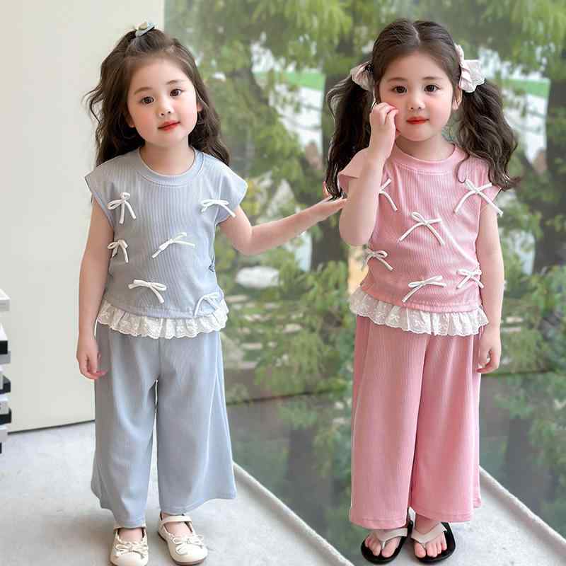 子供服 女の子 半袖 Tシャツ & パンツ 上下セット 夏服 韓国風 立体 蝶結び 花柄 無地 かわいい ガールズ カジュアル 普段着 パジャマ 部屋着 ピンク系 ブルー系
