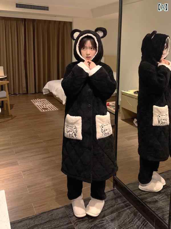 パジャマ レディース メンズ 小熊 珊瑚フリース 上下セット ルームウェア 厚手 暖かい 寝巻き 部屋着 かわいい 秋冬 ポリエステル 翻襟 長袖 長ズボン 普段使い 快適 ブルー