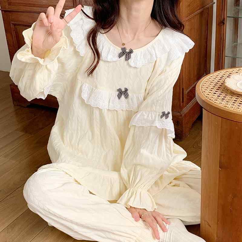 パジャマ レディース 春秋 長袖 冬 プリンセス風 かわいい 蝶結び ルームウェア 上下セット 綿100% 提花綿 寝間着 部屋着 丸首 快適 普段使い