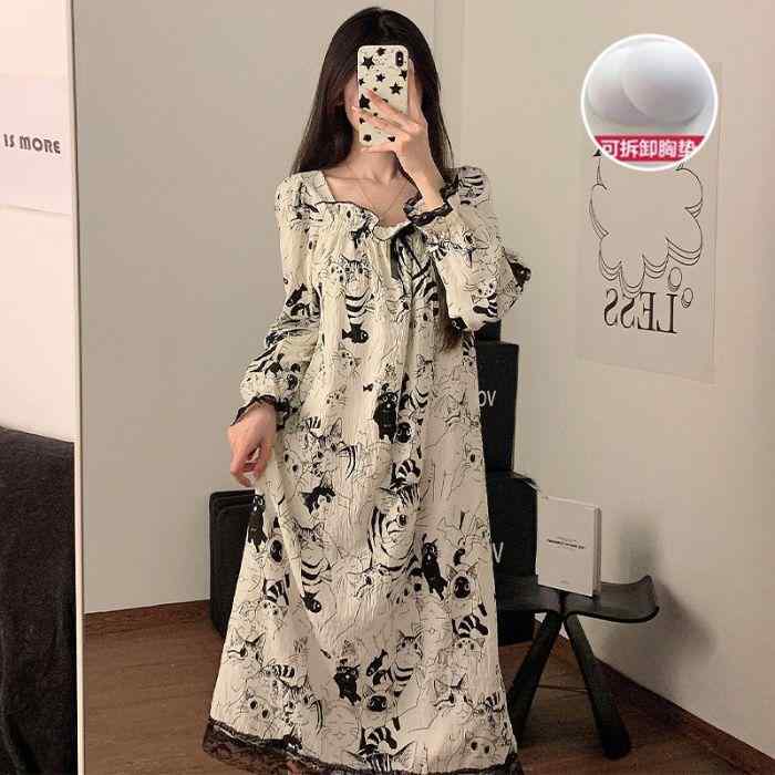 パジャマ レディース 春秋 クラウドコットン 長袖 寝巻き ワンピース 部屋着 かわいい ルームウェア リラックス ゆったり Uネック 薄手 接触冷感 吸湿速乾 M L XL XXL