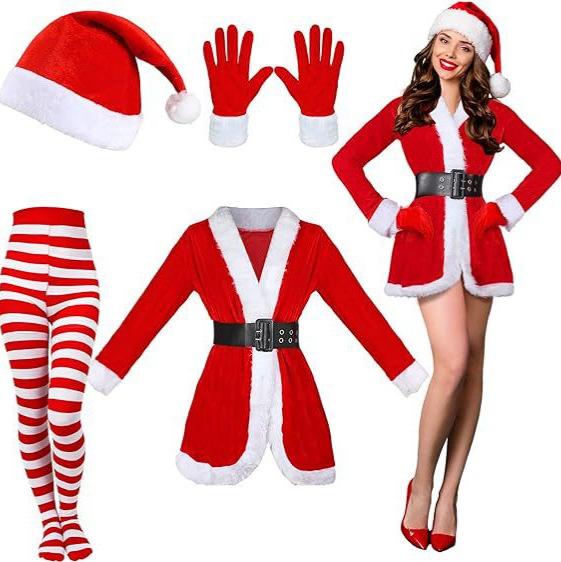 クリスマス コスチューム レディース サンタクロース 衣装 帽子 衣服 腰ベルト 手袋 ソックス 舞台 演出服 パーティー イベント ポリエステル 綿 快適 18-24歳
