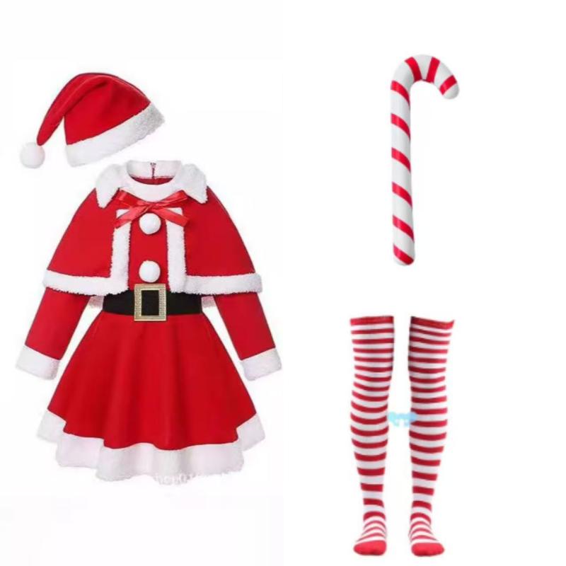 子供用 クリスマス コスチューム 女の子 ワンピース サンタクロース 衣装 帽子付き 80%ポリエステル繊維 パーティー 舞台 発表会 イベント
