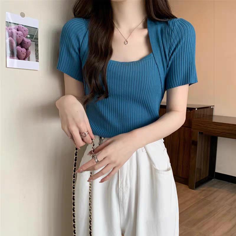 ニット レディース トップス 半袖 接触冷感 Tシャツ カットソー スリムフィット 無地 春夏 通勤 オフィス カジュアル かわいい