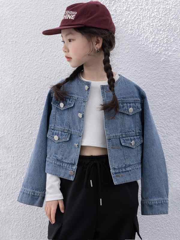子供服 デニムジャケット 女の子 Gジャン アウター トップス 春秋 無地 長袖 ショート丈 ラウンドネック かわいい ガールズ カジュアル スタイル ブラック ブルー(x5)｜トミーショップ 店