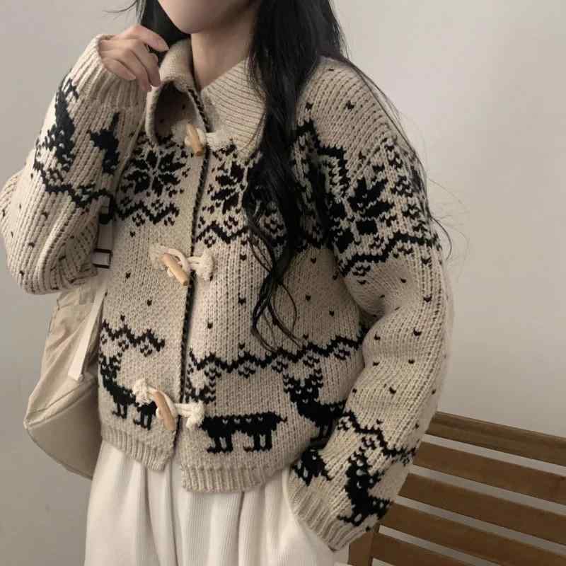 ニット レディース 北欧風 雪柄 カーディガン レトロ 厚手 ゆったり 幾何学模様 暖かい 羽織り ミディアム丈 トップス 秋冬 文芸風 ヴィンテージ ナチュラル 普段使い 長袖 オフホワイト ネイビー グレー