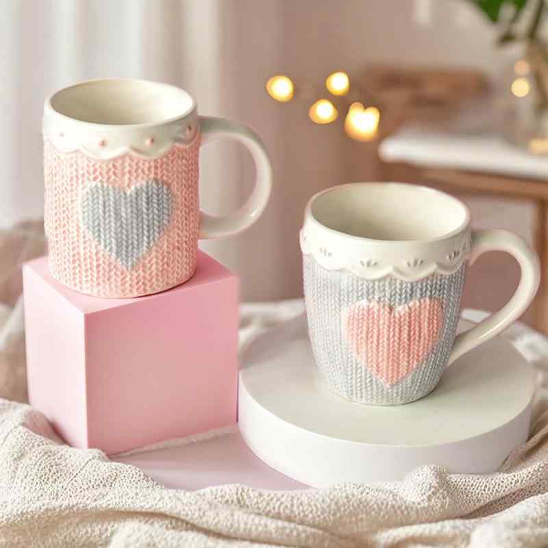 マグカップ レディース かわいい 白磁 コーヒーカップ ティーカップ 浮き彫り レース柄 ピンク系 レッド系 グレー オフィス用 ギフト(x5)