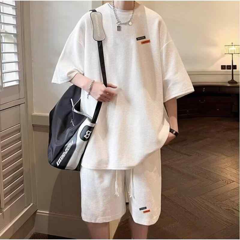 メンズ カジュアルセットアップ 薄手 半袖Tシャツ ショートパンツ ワッフル 部屋着 普段使い ポリエステル グレー ホワイト ブラック