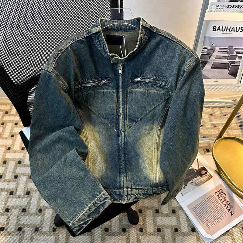 デニムジャケット メンズ Gジャン ダメージ ウォッシュ加工 ブルゾン ゆったり 肩パッド入り アウター カジュアル ストリート 古着風 春秋 ブラック ブルー