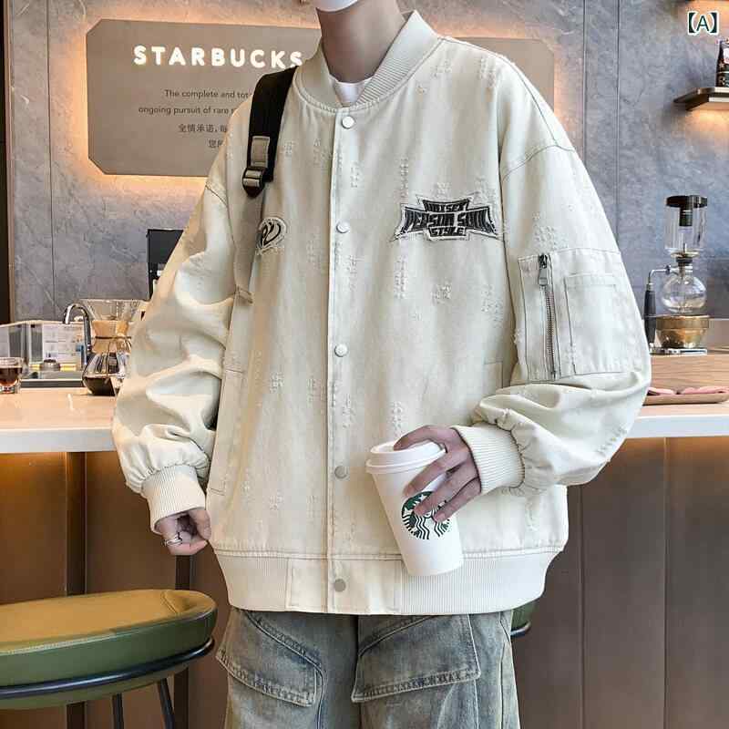 上衣 メンズ 成人男性用 秋冬 耐摩耗 棒球 服 ジーンズ 心地好い コール天 裏起毛 アウター ベージュ 青み