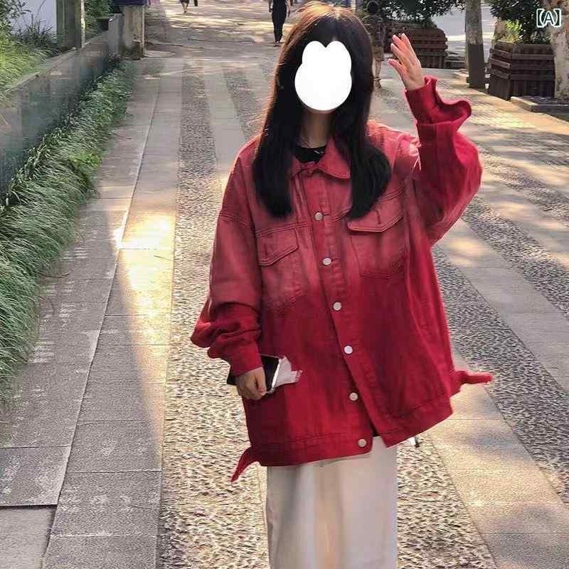 ジャケット レディース デニム 春秋 Gジャン アウター グラデーション ゆったり 通勤 大人女子 かわいい レッド系 綿