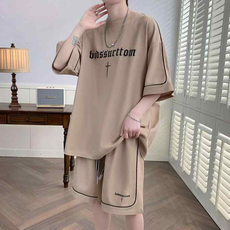 Tシャツ メンズ 男性用 半袖Tシャツ & 短パン セットアップ 韓国風 ゆったり 杏色 黒 カーキ 白 部屋着 普段使い