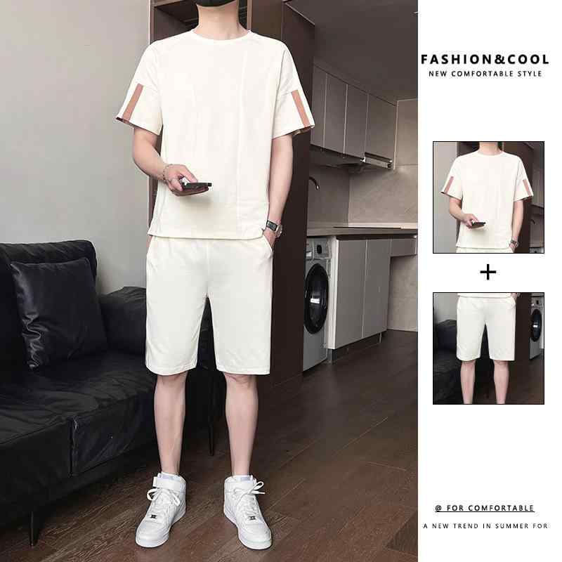 メンズ セットアップ 半袖 Tシャツ & 短パン 上下セット 男性用 部屋着 普段使い スポーツウェア 綿100% ブラック & ベージュ系