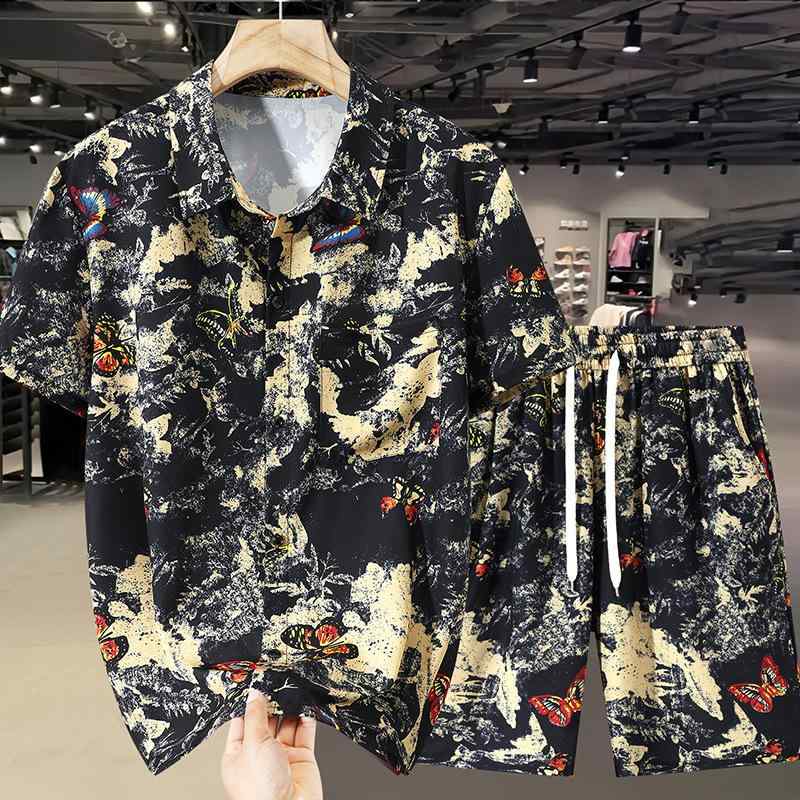シャツ 男性用 半袖シャツ ショーツ セットアップ ポリエステル 伸縮性 部屋着 ルームウェア ゆったりサイズ 6XL 7XL 8XL 9XL 10XL 11XL 大きいサイズ(x5)