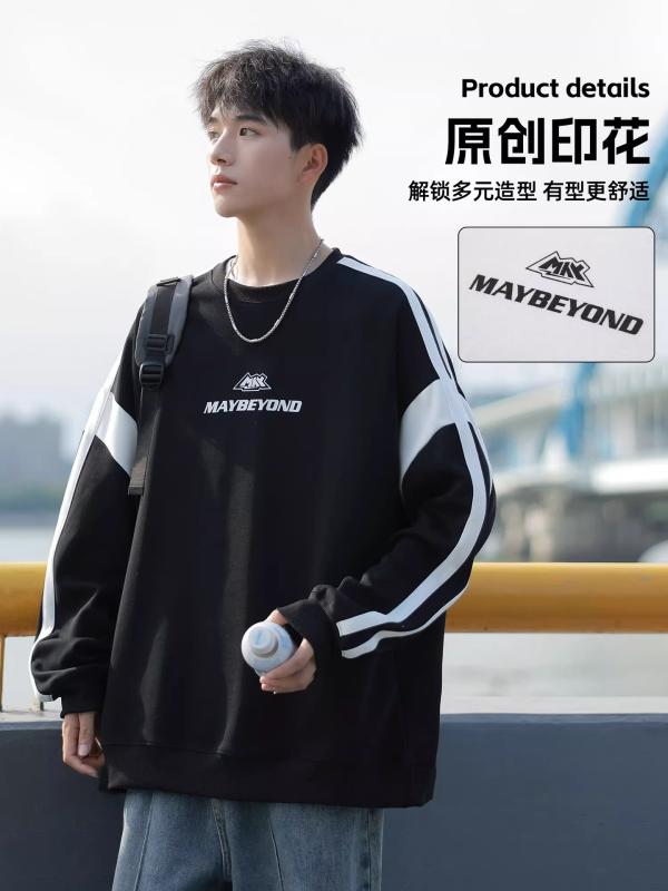 トレーナー メンズ 男性用 ストライプ 切り替え トップス プルオーバー 長袖 春秋 10代 20代 30代 韓国風 ゆったり 普段使い 部屋着 ブラック ホワイト ブルー系