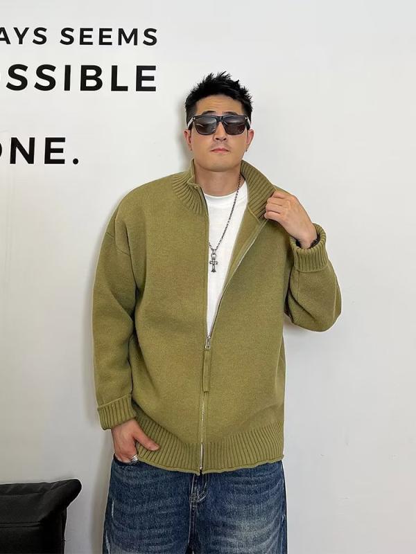 ニット カーディガン メンズ 秋冬 長袖 ジップアップ 無地 スリム 韓国風 カジュアル トップス アウター ブラック グリーン M L XL XXL XXXL