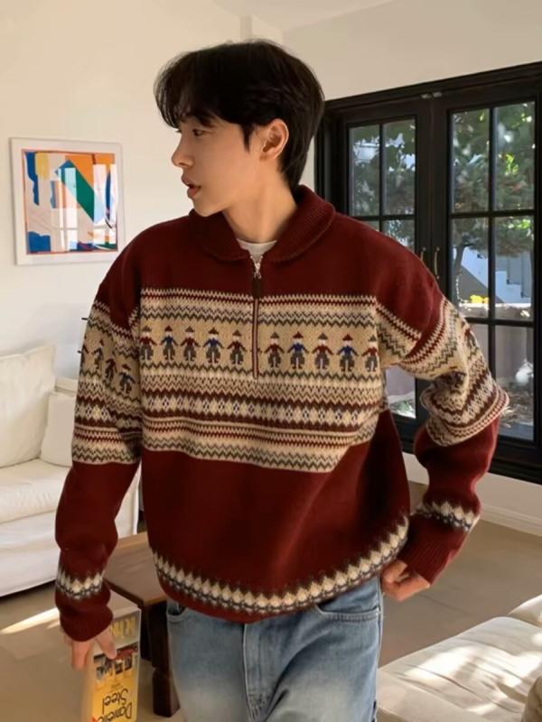 ニット メンズ 秋冬 長袖 ハーフジップ プルオーバー トップス 暖かい ゆったり 大きめサイズ レトロ あったか ポリエステルフリース 裏起毛 普段使い