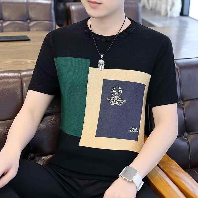 ニット メンズ 半袖Tシャツ 韓国風 スリムフィット 配色 接触冷感 Tシャツ ポロシャツ スポーティー カジュアル トップス カットソー 4,700円