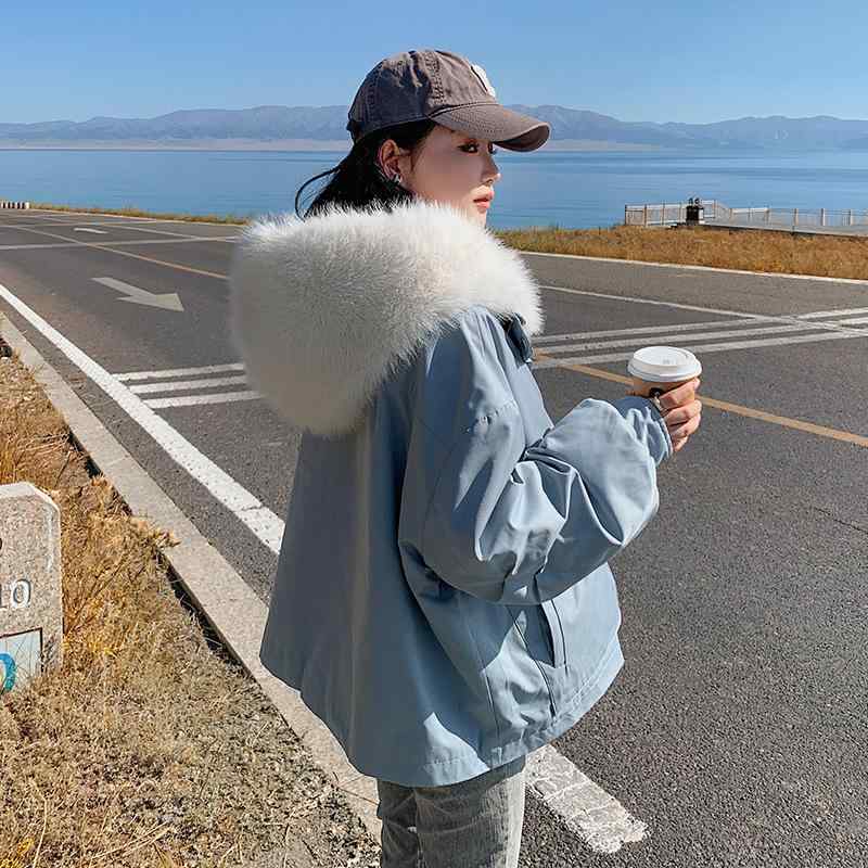 上衣 レディース 冬 韓国風 心地好い 高押し出し 青み ボンネット付き添い人 毛革襟 朦々たる アウター S M L XL 灰青味