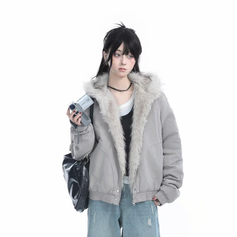 綿ジャケット レディース ヴィンテージ風 ビッグカラー フード付き 中綿入り コットン グレー ブラック 防寒 あったか アウター 上着