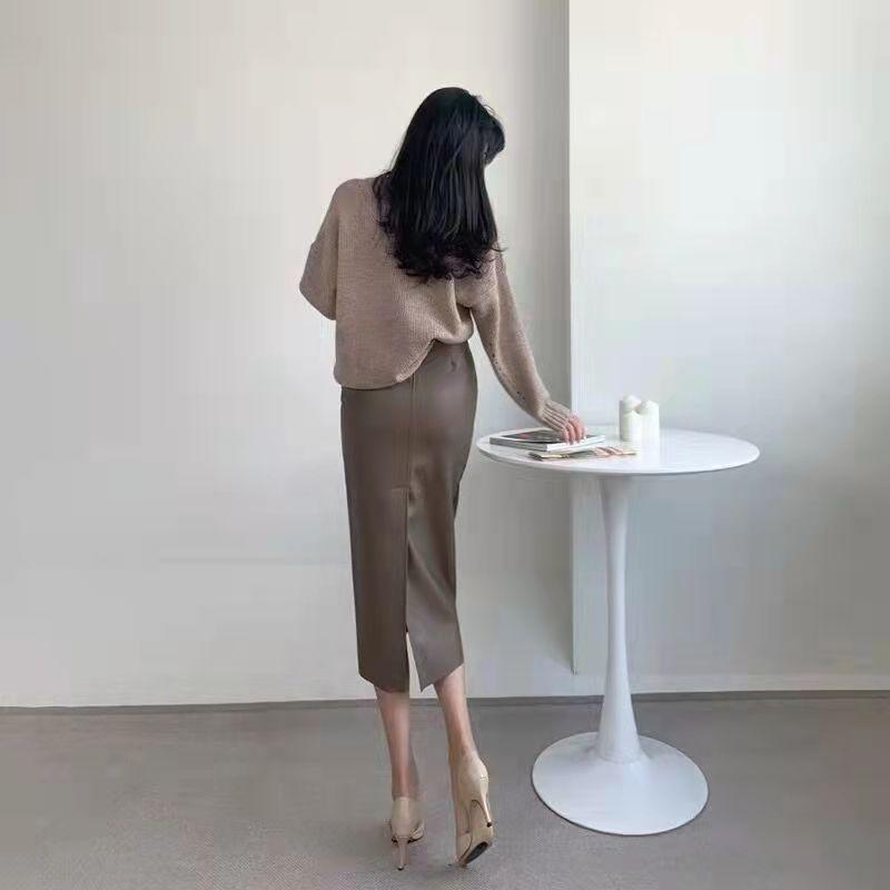 スカート レディース 秋冬 韓国風 高見え 膝丈 ミモレ丈 Iライン タイトスカート スリット入り シェニール 厚手 あったか 伸縮性 ストレッチ 美脚 スタイルアップ コーヒー色 黒