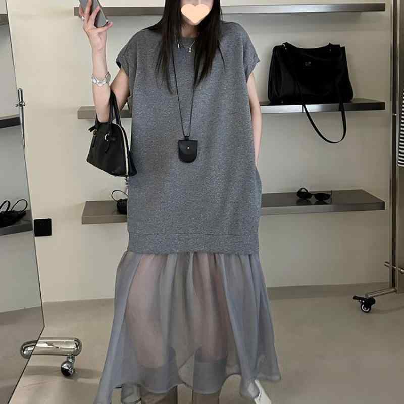 ワンピース レディース 春夏 グレー ブラック 黒 Aライン 半袖 膝丈 ミディアム丈 チュール 切り替え コットン ゆったり 普段使い