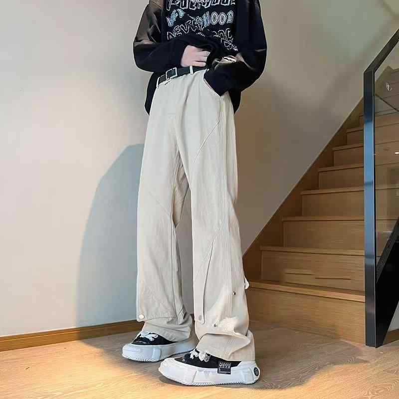 カジュアルパンツ メンズ 春秋 コットン ルーズ ストレートパンツ 高見え 無地 ウエスト紐 普段使い 高街 ブラック ベージュ M L XL 2XL 3XL