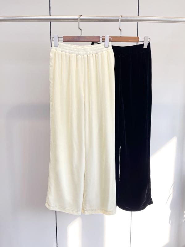 パンツ レディース 真? ベルベット ワイドレッグパンツ ハイウエスト ゆったり ミルキーホワイト ブラック 70%真? 80%真? 通勤スタイル