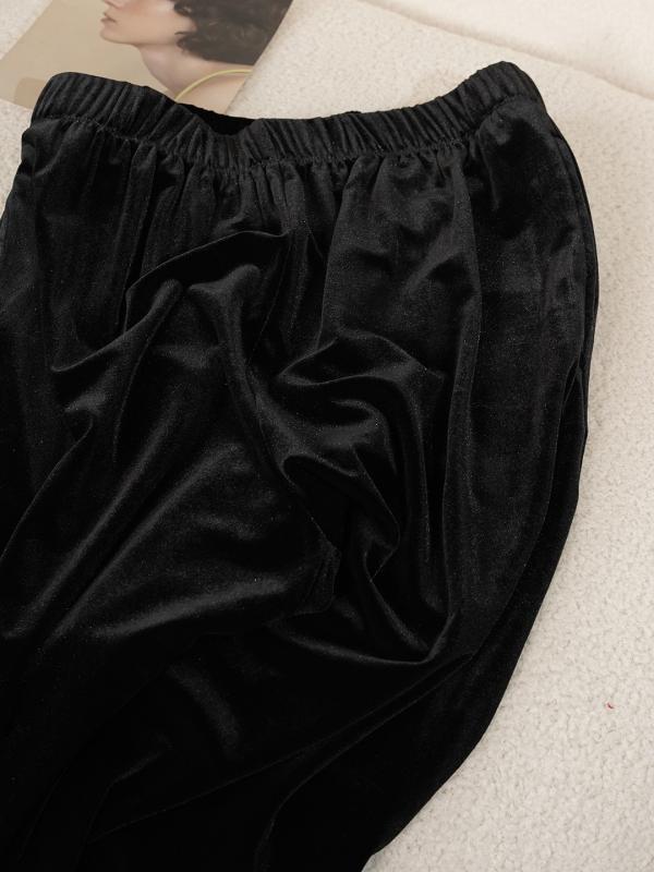 パンツ レディース ベルベットパンツ ストレッチ 直筒パンツ ゴムウエスト ハイウエスト ブラック ズボン ポリエステル スパンデックス 日韓スタイル カジュアル ゆったり 小柄｜トミーショップ 店