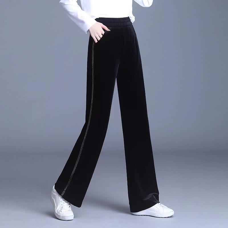 パンツ レディース 高身長 ワイドパンツ ベルベット イージーパンツ ゆったり ストレート スラックス 春 秋 黒 ブラック ポケット付き 美脚 脚長 通勤 きれいめ 上品 エレガント