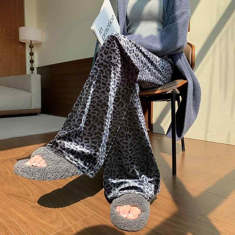 パンツ レディース ヒョウ柄 ベルベット ワイドレッグパンツ 高見え 美脚 ロングパンツ グレー ブラウン レッド 秋冬 プライベート お洒落