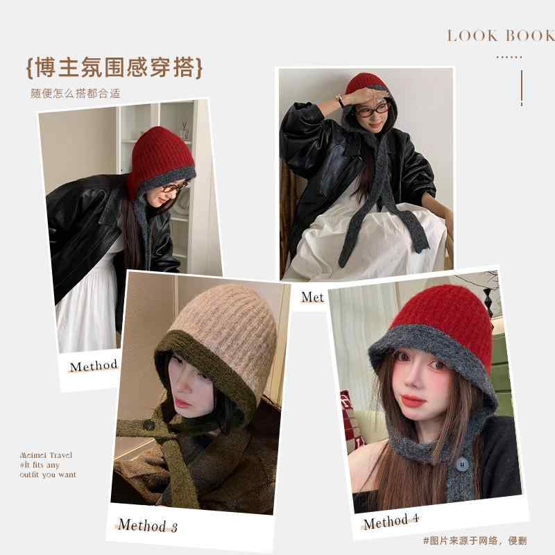 ニット帽 レディース 防寒 保温 耳あて バラクラバ 大頭 小顔効果 配色 秋冬 56-62CM ブラック ワインレッド ライトグレー ライトブラウン 韓国風 かわいい