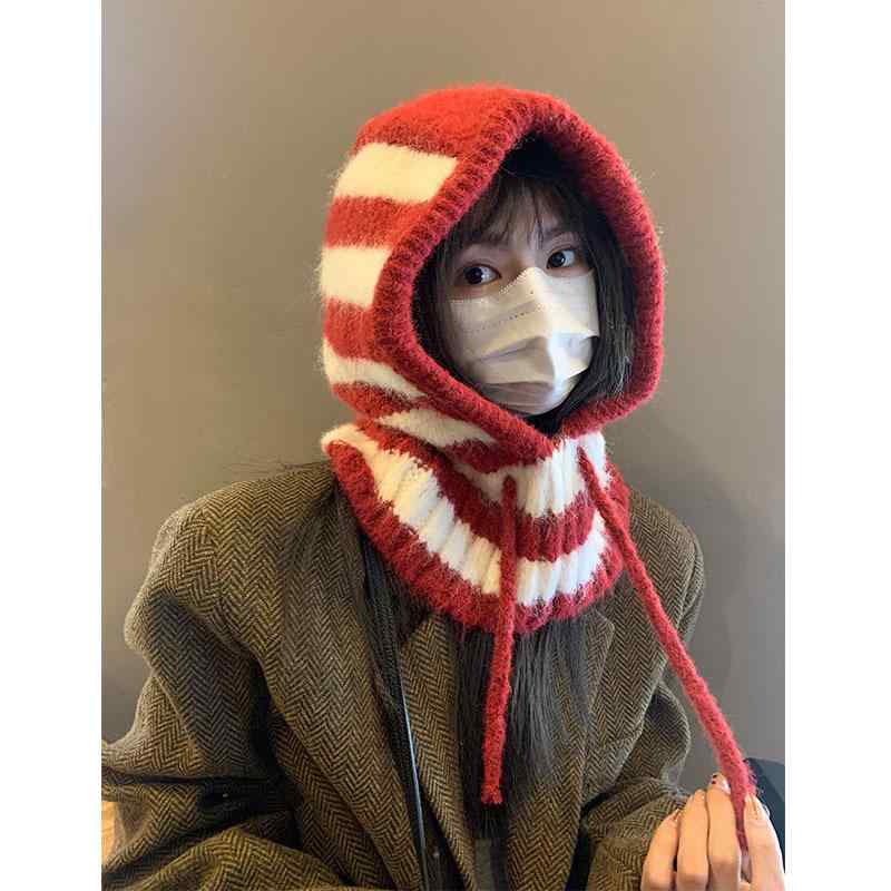 バラクラバ レディース 秋冬 防寒 ニット帽 ネックウォーマー 一体型 毛糸 帽子 大判サイズ グレー レッド ブルー カーキ