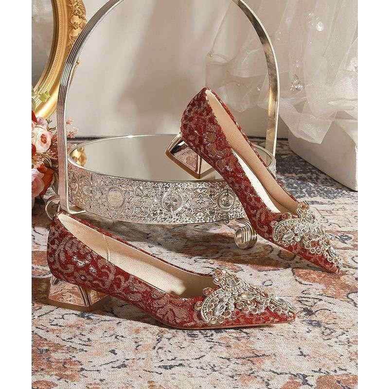 華燭の典シューズ レディース 置き目踵 パンプス 華燭の典 花嫁御寮 シューズ 赤 チャンキーヒール ポインテッドトゥ ビジュー パール 疲れない 愛くるしい 雅びやか 歩き分かりやすい フォーマル 寄り合い